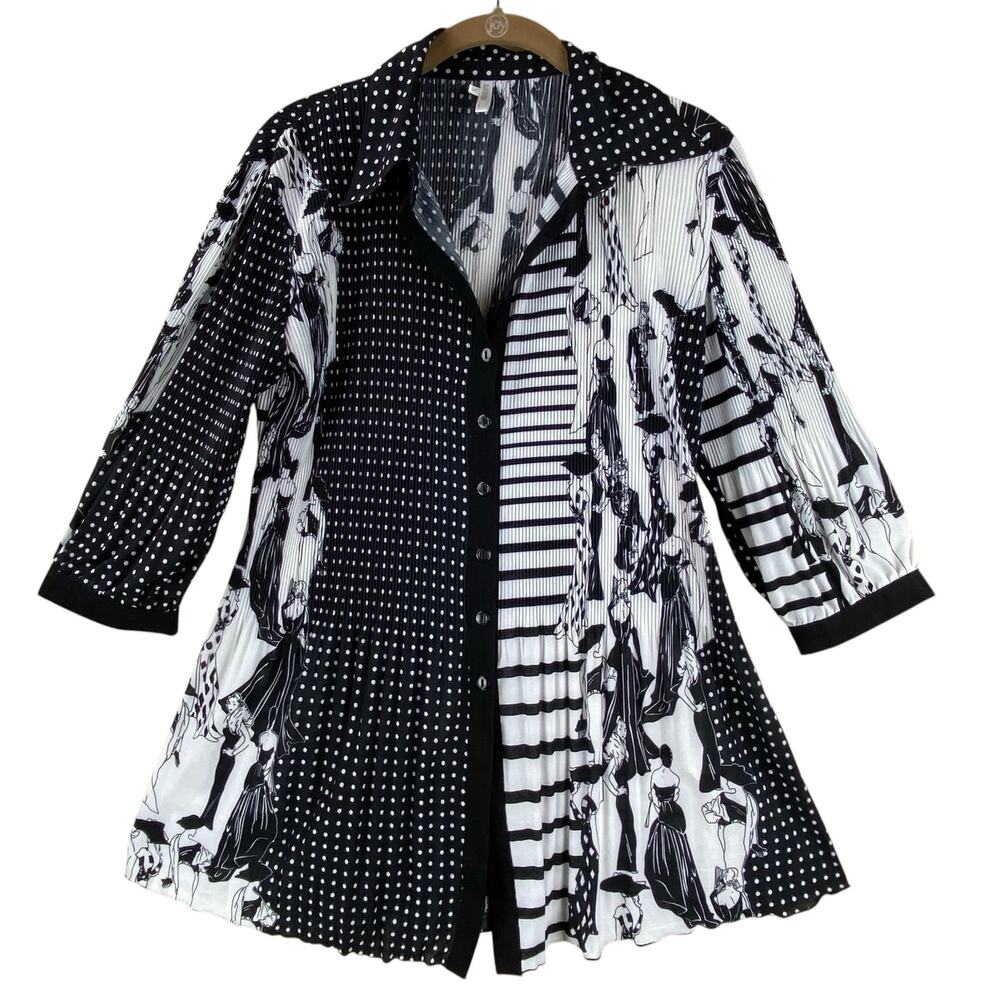 Lindi Art To Wear Tunic Top Size S Black White Plise Pleated